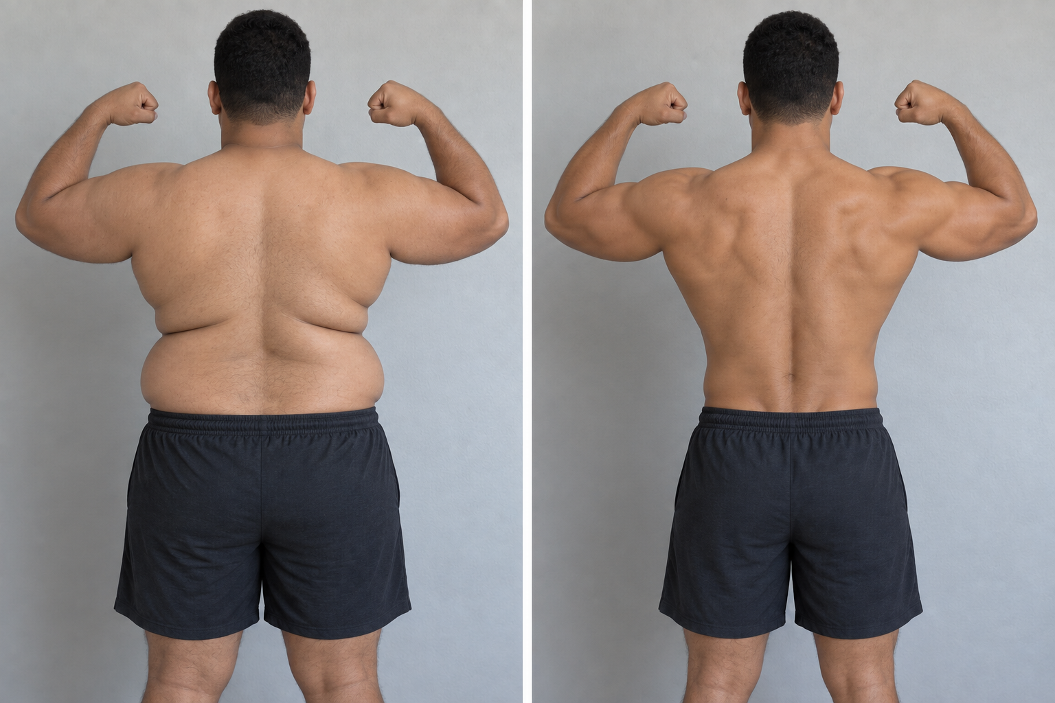 Simulação ilustrativa de evolução física das costas, antes e depois