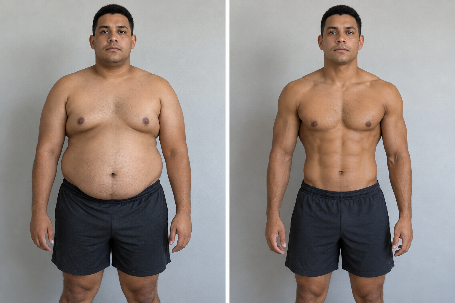Simulação ilustrativa de evolução física frontal, antes e depois
